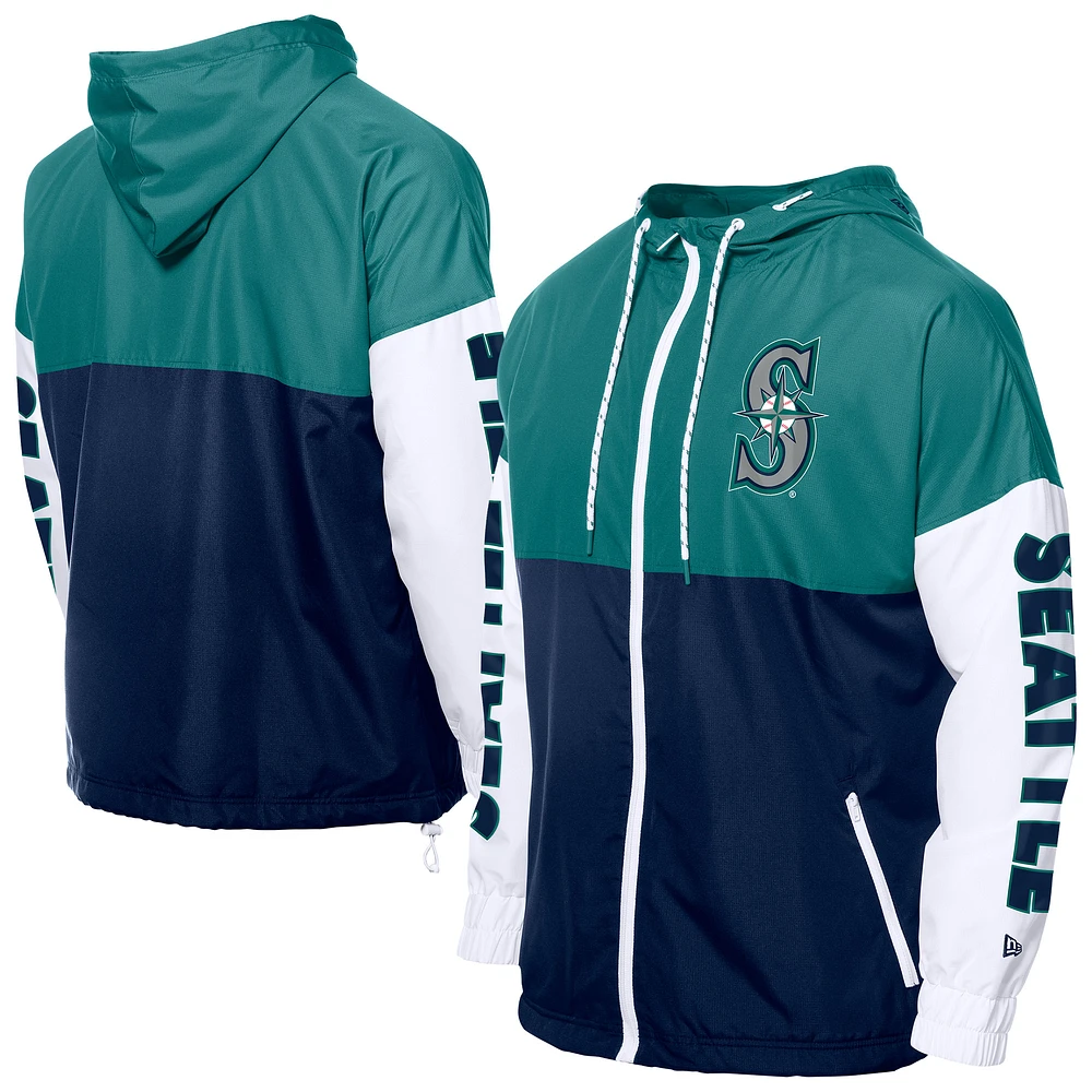 Men's New Era Navy/Aqua Seattle Mariners Color Block Full-Zip Hoodie Windbreaker