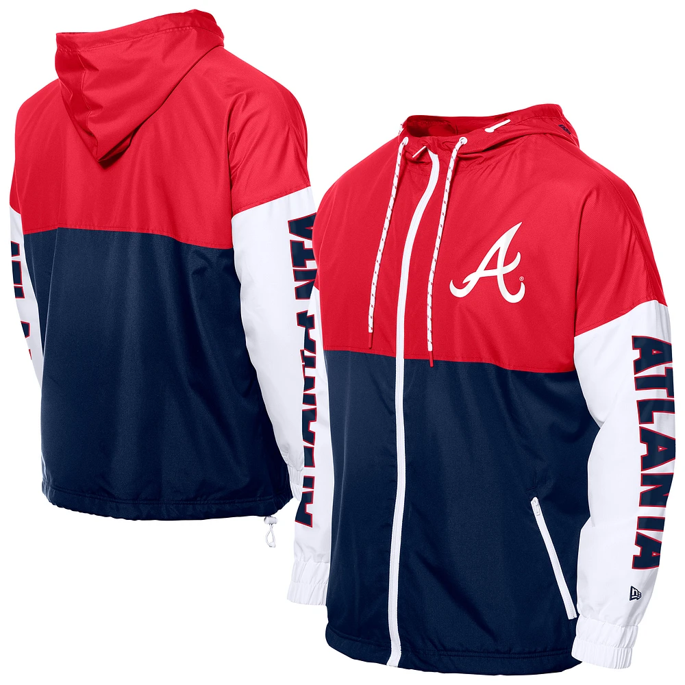 Men's New Era Navy/Red Atlanta Braves Color Block Full-Zip Hoodie Windbreaker