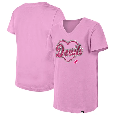Girl's Youth New Era Pink Jersey Devils Flip Sequin V-Neck T-Shirt
