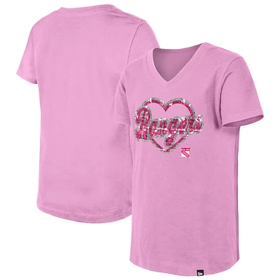 Girl's Youth New Era Pink York Rangers Flip Sequin V-Neck T-Shirt