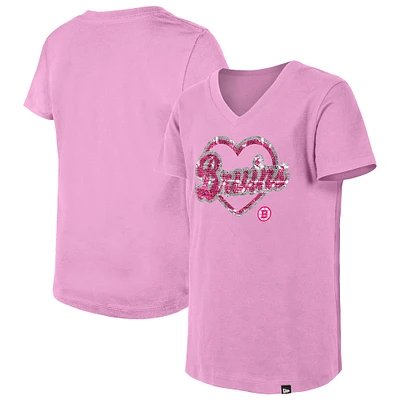Girl's Youth New Era Pink Boston Bruins Flip Sequin V-Neck T-Shirt