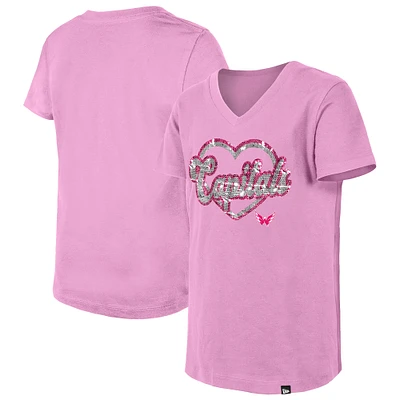 Girl's Youth New Era Pink Washington Capitals Flip Sequin V-Neck T-Shirt