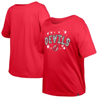 Girl's Youth New Era Red Jersey Devils Flip Sequin T-Shirt