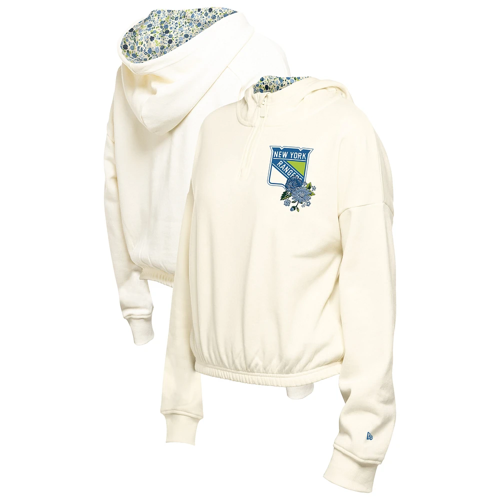 Women's New Era Cream York Rangers Glam Game Quarter-Zip Cropped Floral Hoodie Pullover