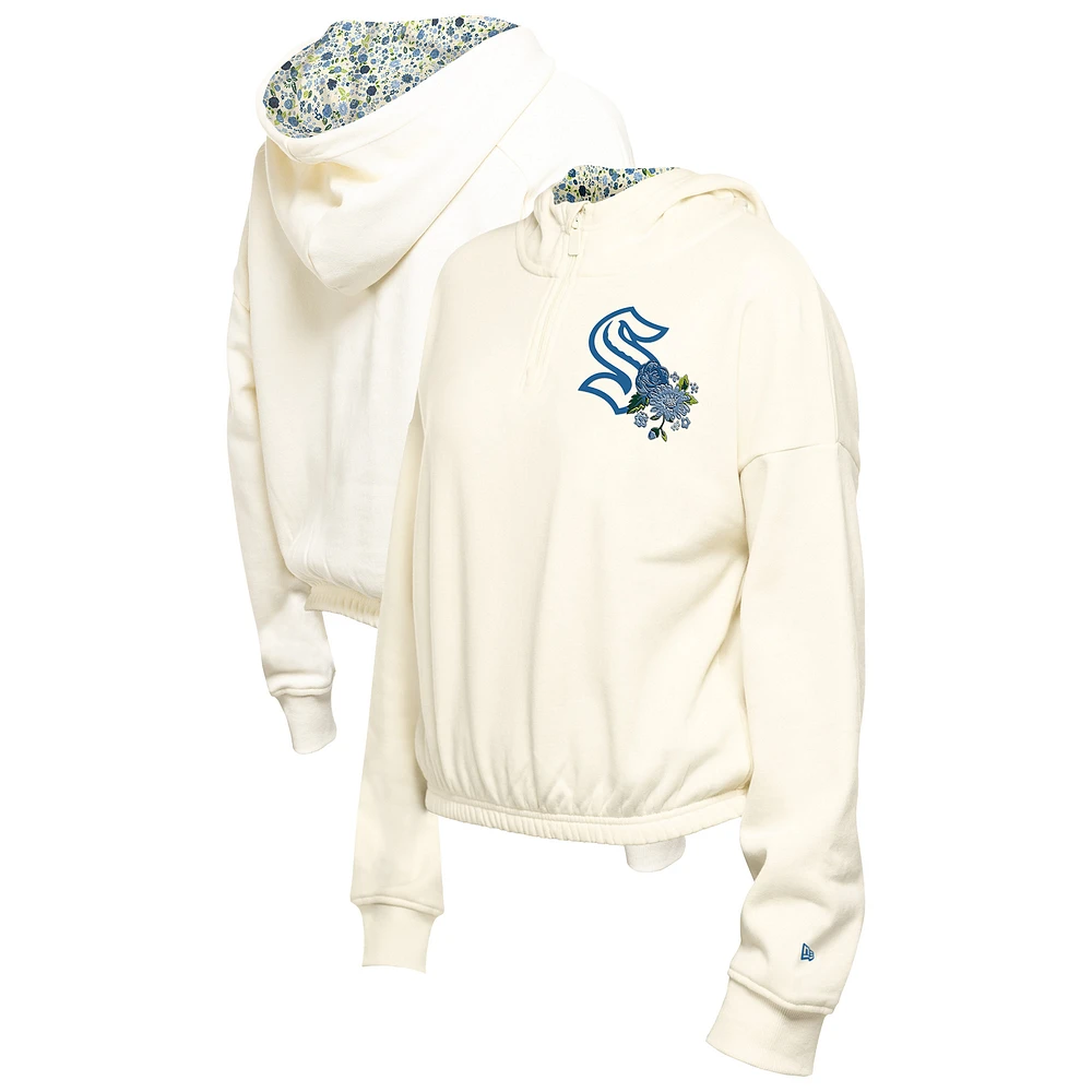 Women's New Era Cream Seattle Kraken Glam Game Quarter-Zip Cropped Floral Hoodie Pullover