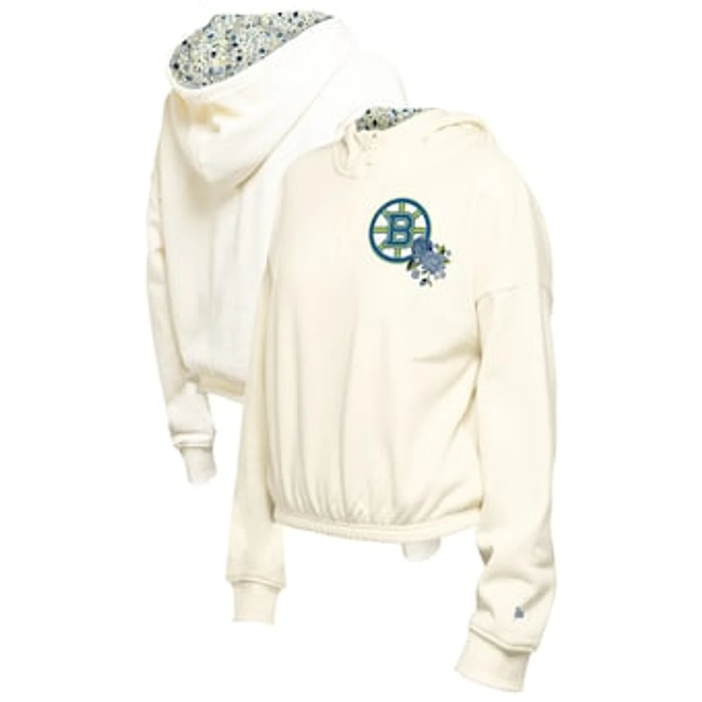 Women's New Era Cream Boston Bruins Glam Game Quarter-Zip Cropped Floral Hoodie Pullover