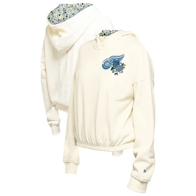 Women's New Era Cream Detroit Red Wings Glam Game Quarter-Zip Cropped Floral Hoodie Pullover