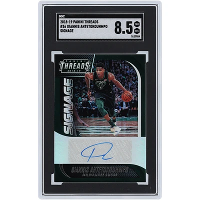 Giannis Antetokounmpo Milwaukee Bucks Autographed 2018-19 Panini Threads Signage #36 SGC Authenticated 8.5 Card