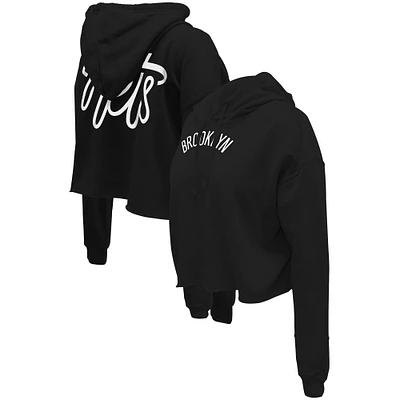 Women's Stadium Essentials Black Brooklyn Nets Origins Script Cropped Pullover Hoodie