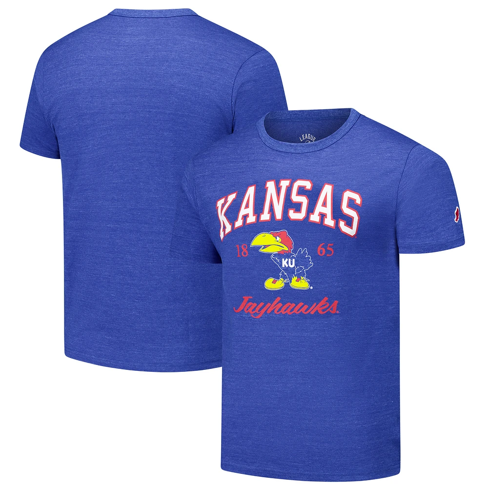Men's League Collegiate Wear Heather Royal Kansas Jayhawks Arch Script Victory Falls Tri-Blend T-Shirt