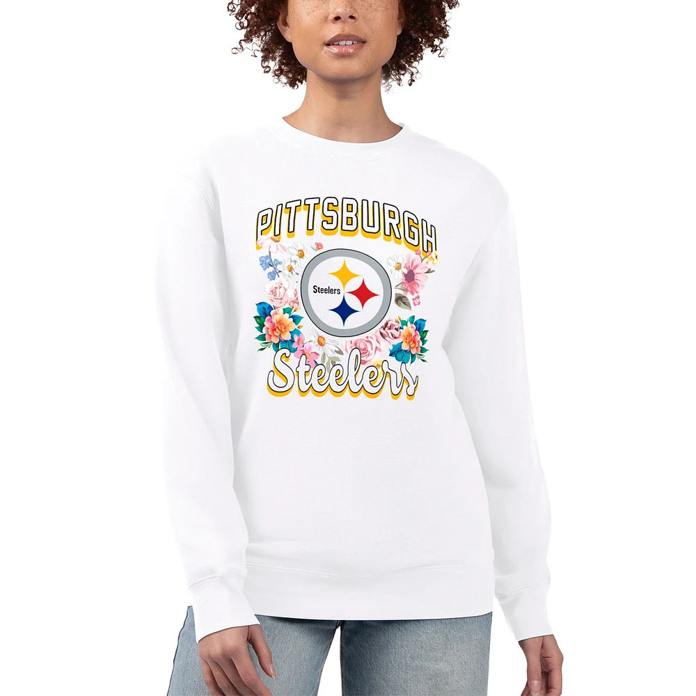 Women's G-III 4Her by Carl Banks White Pittsburgh Steelers Flower Logo Graphic Fleece Pullover Sweatshirt