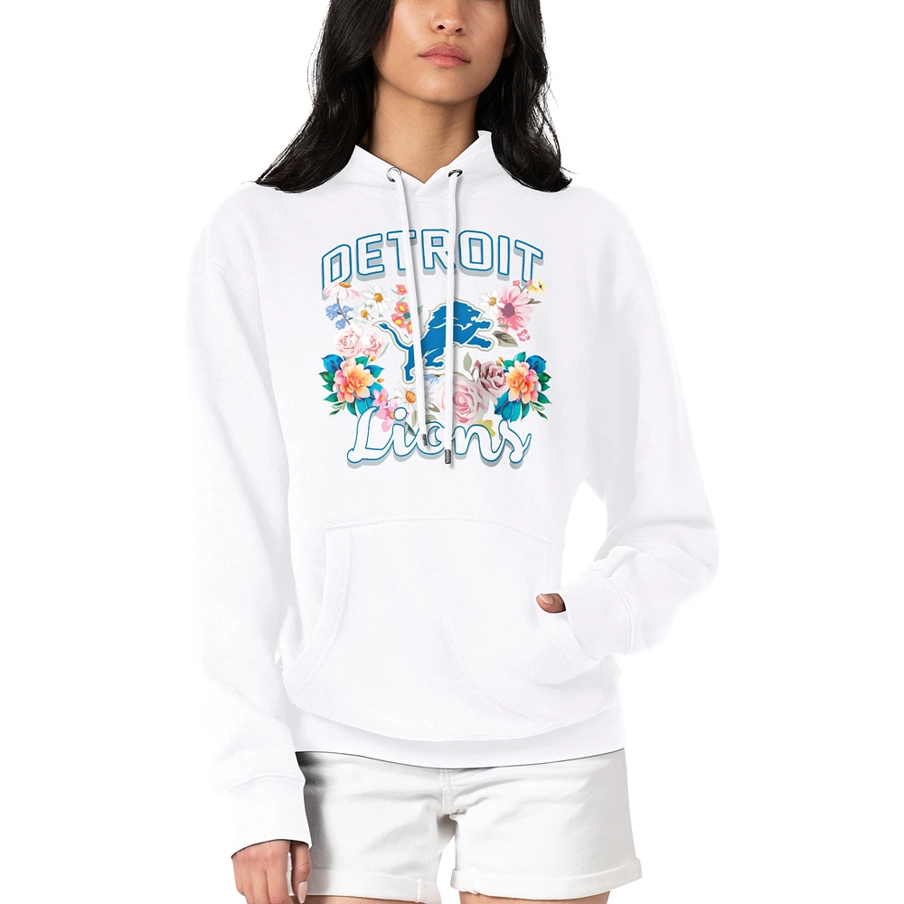 Women's G-III 4Her by Carl Banks White Detroit Lions Flowers Team Logo Graphic Fleece Pullover Hoodie