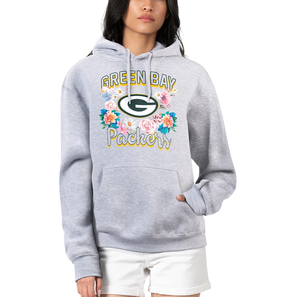 Women's G-III 4Her by Carl Banks Heather Gray Green Bay Packers Flowers Team Logo Graphic Fleece Pullover Hoodie