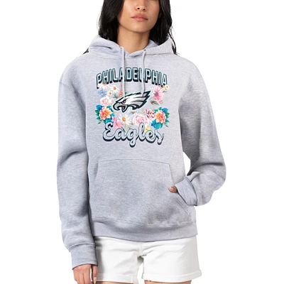 Women's G-III 4Her by Carl Banks Heather Gray Philadelphia Eagles Flowers Team Logo Graphic Fleece Pullover Hoodie