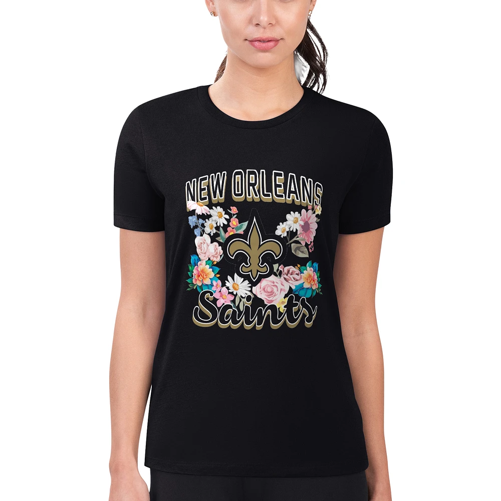 Women's G-III 4Her by Carl Banks Black New Orleans Saints Super-Slim Fit Lightweight Flowers Team Logo Graphic T-Shirt