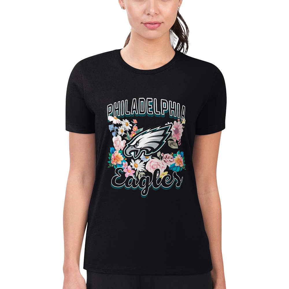 Women's G-III 4Her by Carl Banks Black Philadelphia Eagles Super-Slim Fit Lightweight Flowers Team Logo Graphic T-Shirt