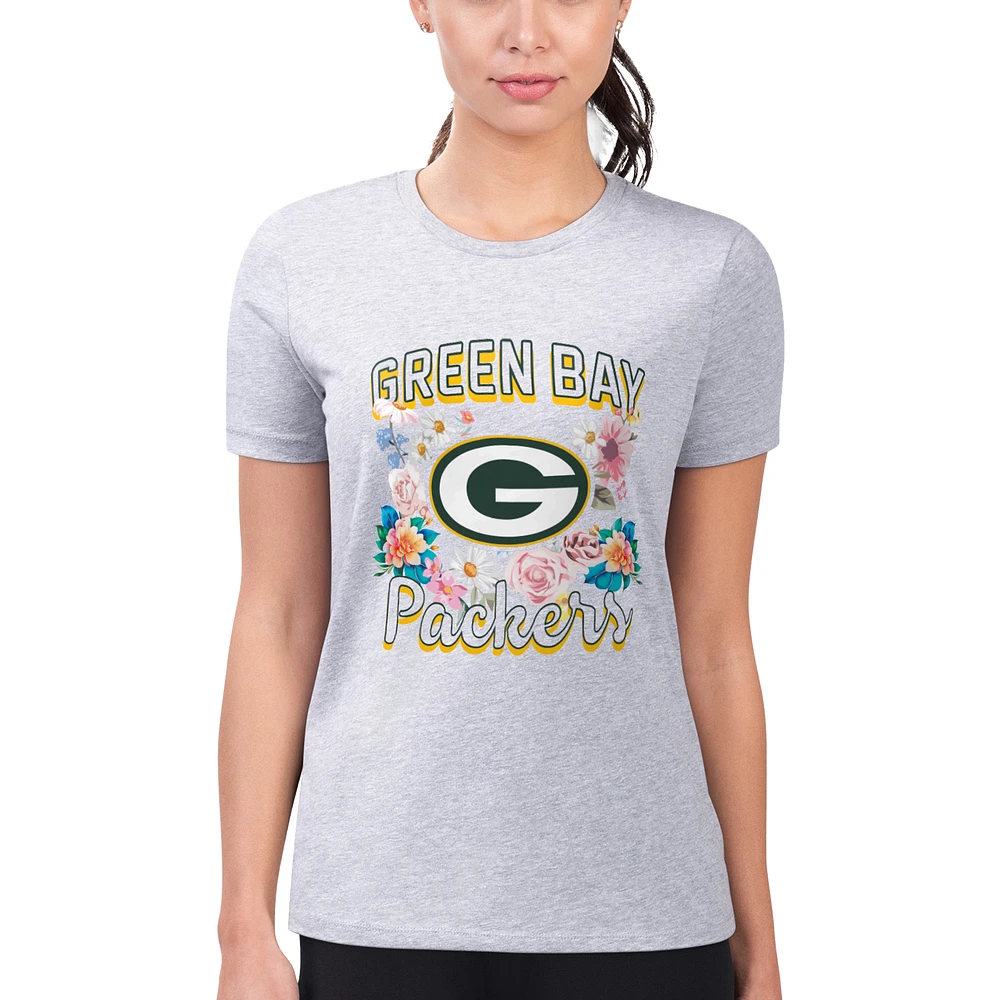 Women's G-III 4Her by Carl Banks Heather Gray Green Bay Packers Super-Slim Fit Lightweight Flowers Team Logo Graphic T-Shirt