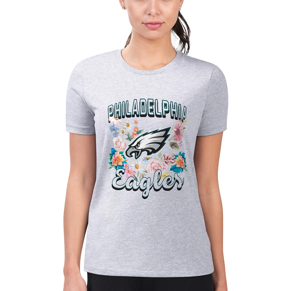 Women's G-III 4Her by Carl Banks Heather Gray Philadelphia Eagles Super-Slim Fit Lightweight Flowers Team Logo Graphic T-Shirt