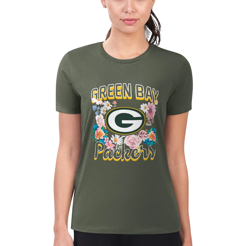 Women's G-III 4Her by Carl Banks Green Green Bay Packers Super-Slim Fit Lightweight Flowers Team Logo Graphic T-Shirt