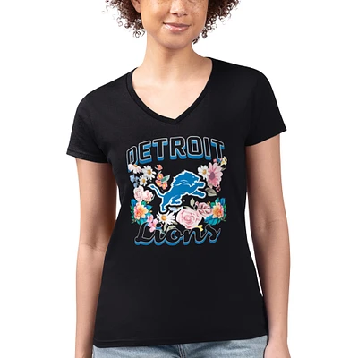 Women's G-III 4Her by Carl Banks Black Detroit Lions Super-Slim Fit Lightweight Flowers Team Logo Graphic V-Neck T-Shirt