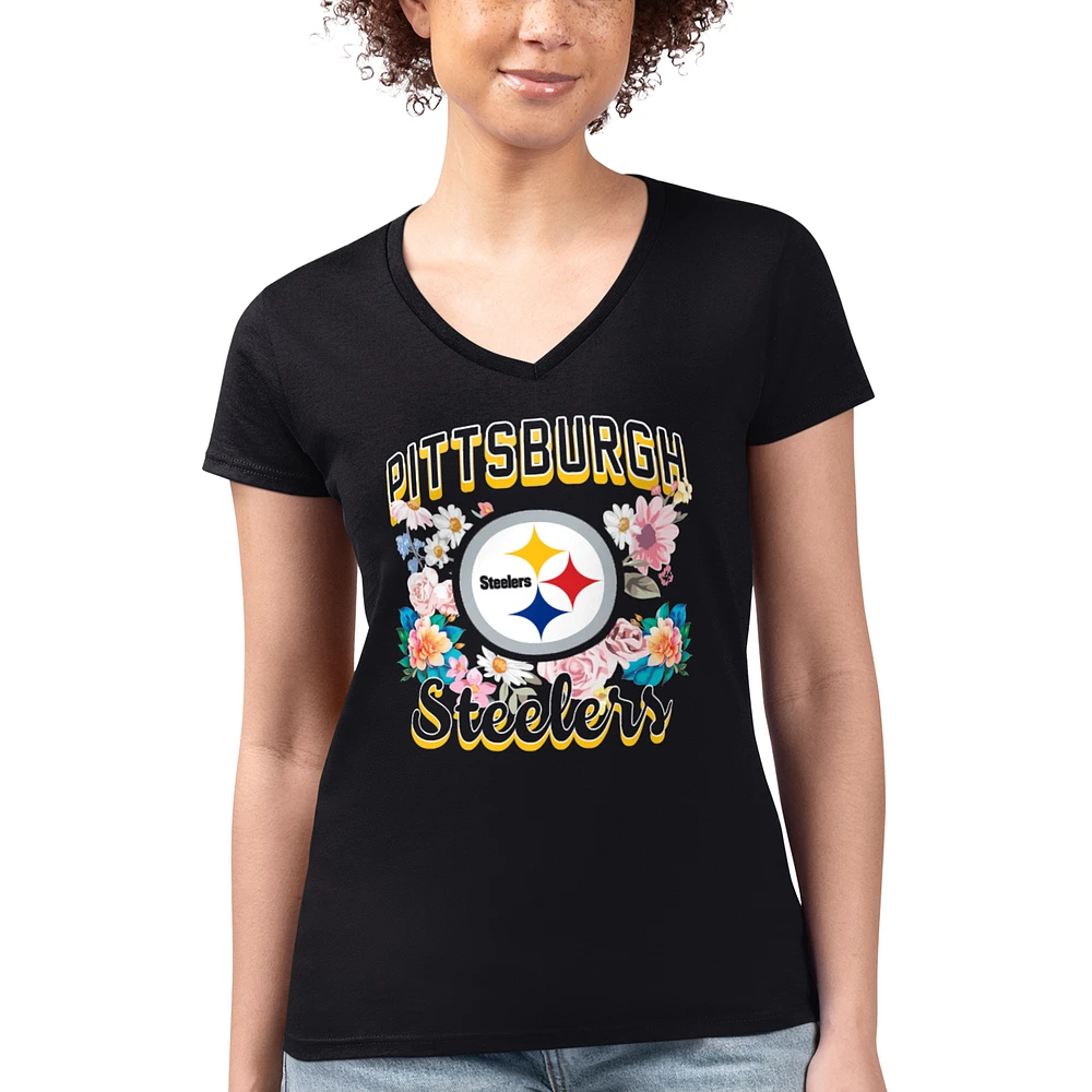 Women's G-III 4Her by Carl Banks Black Pittsburgh Steelers Super-Slim Fit Lightweight Flowers Team Logo Graphic V-Neck T-Shirt