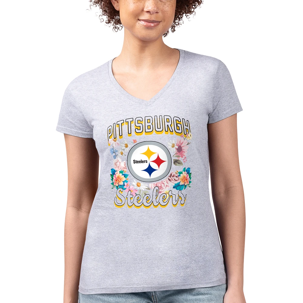 Women's G-III 4Her by Carl Banks Heather Gray Pittsburgh Steelers Super-Slim Fit Lightweight Flowers Team Logo Graphic V-Neck T-Shirt