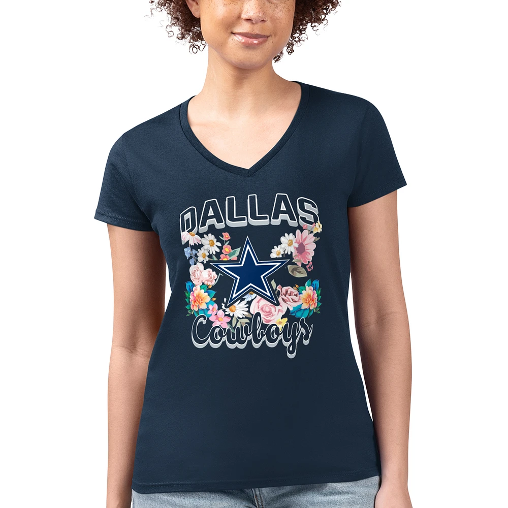 Women's G-III 4Her by Carl Banks Navy Dallas Cowboys Super-Slim Fit Lightweight Flowers Team Logo Graphic V-Neck T-Shirt