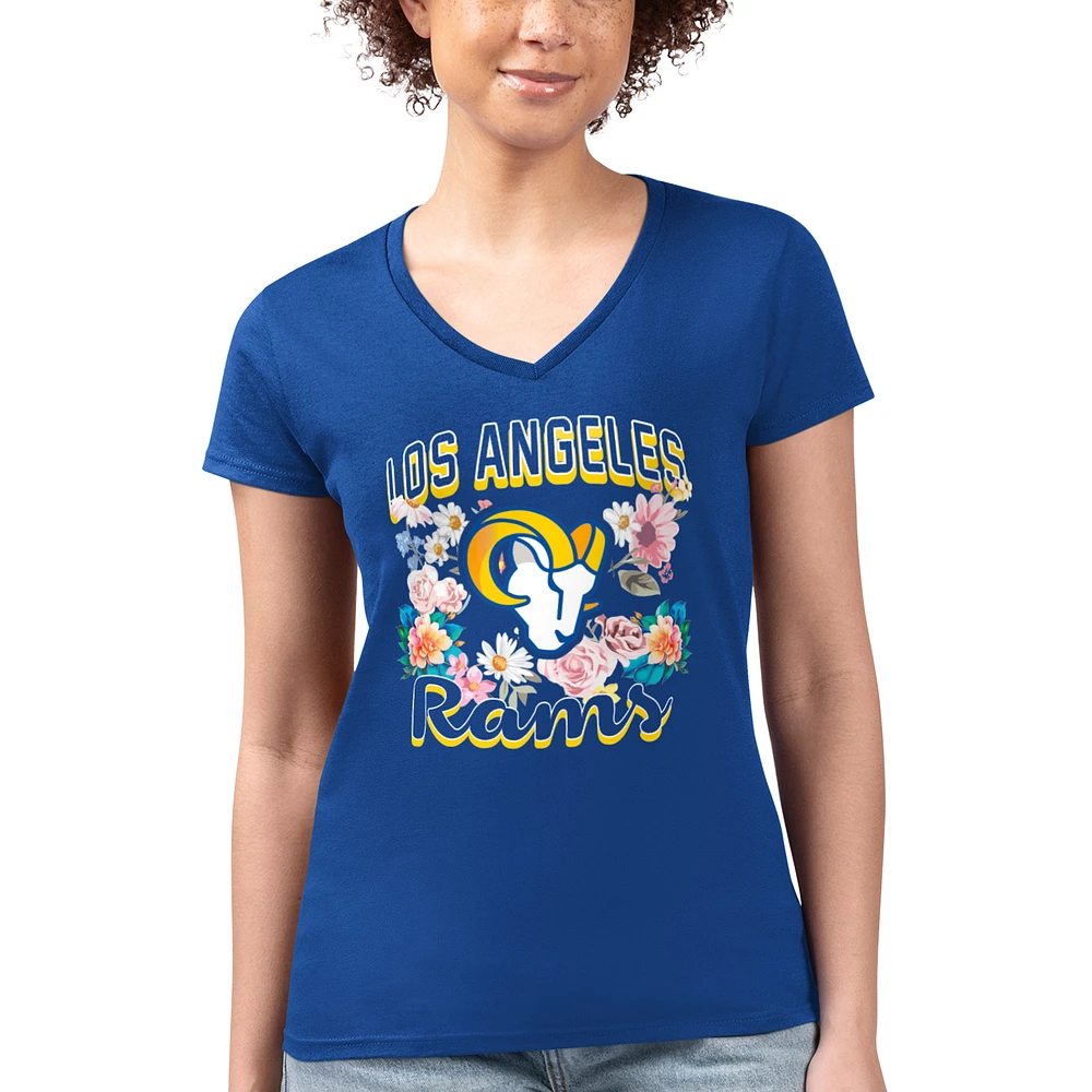 Women's G-III 4Her by Carl Banks Royal Los Angeles Rams Super-Slim Fit Lightweight Flowers Team Logo Graphic V-Neck T-Shirt