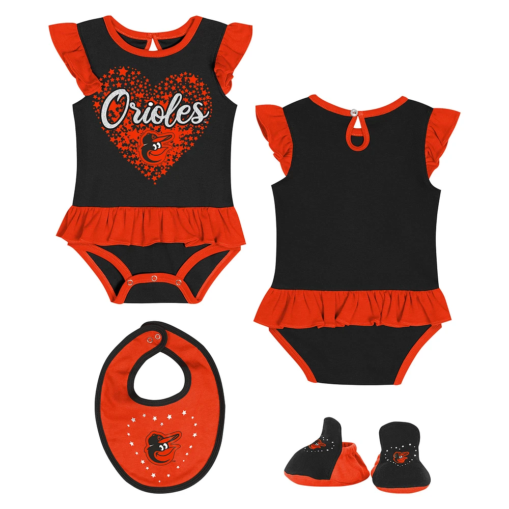 Newborn Black Baltimore Orioles Fan Cheer Bodysuit, Bib & Bootie Set