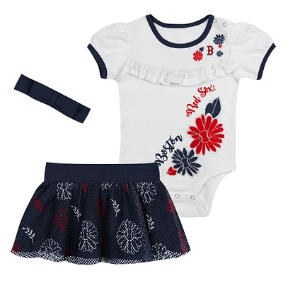 Newborn White/Navy Boston Red Sox Sweet Catcher 3-Piece Bodysuit, Headband and Skirt Set