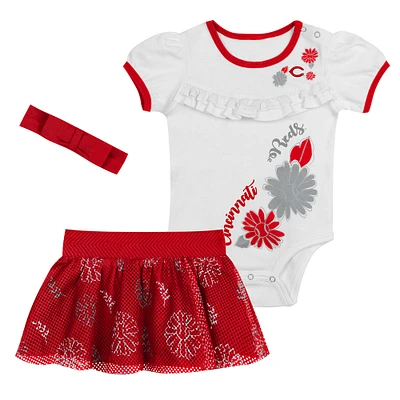 Newborn White/Red Cincinnati Reds Sweet Catcher 3-Piece Bodysuit, Headband and Skirt Set