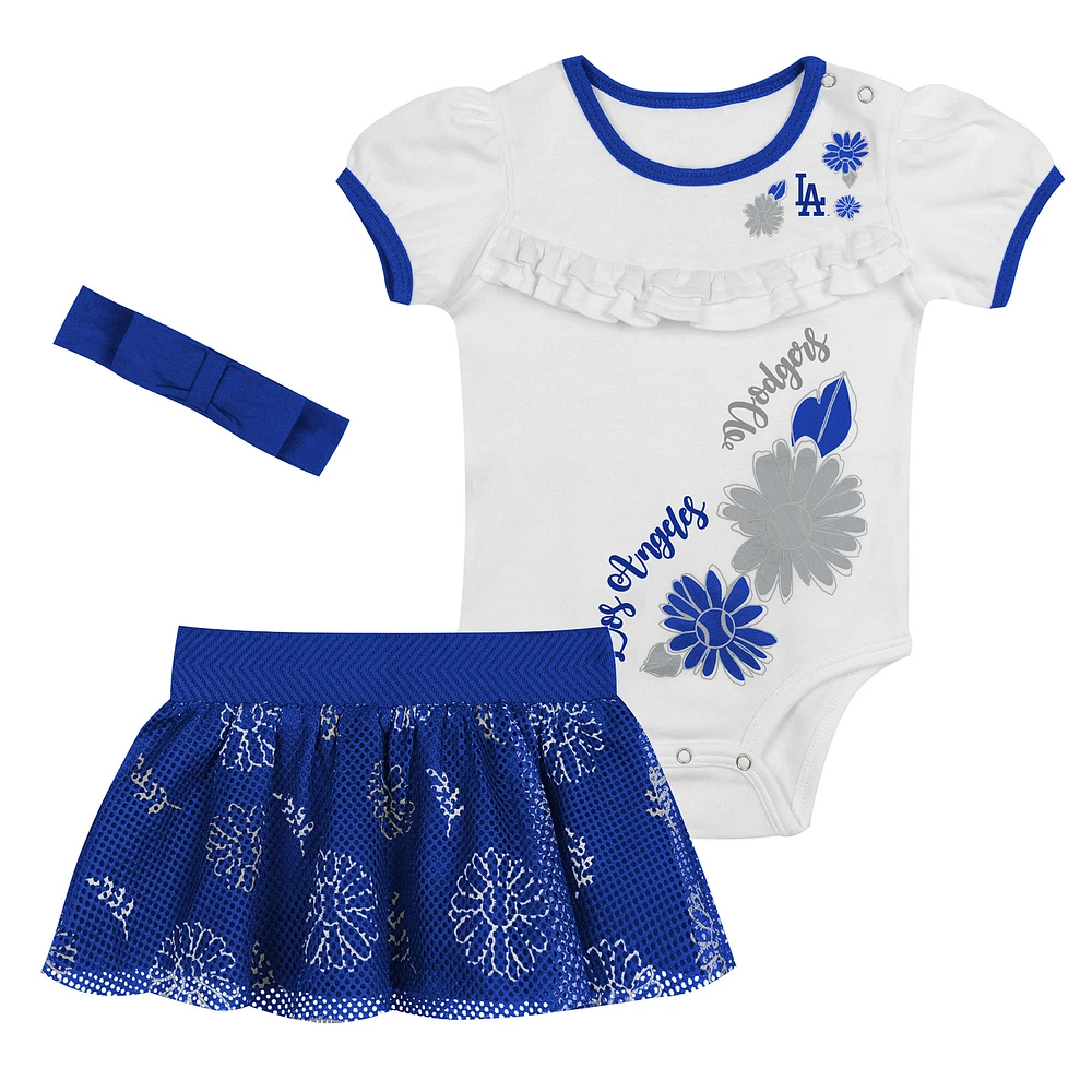 Newborn White/Royal Los Angeles Dodgers Sweet Catcher 3-Piece Bodysuit, Headband and Skirt Set