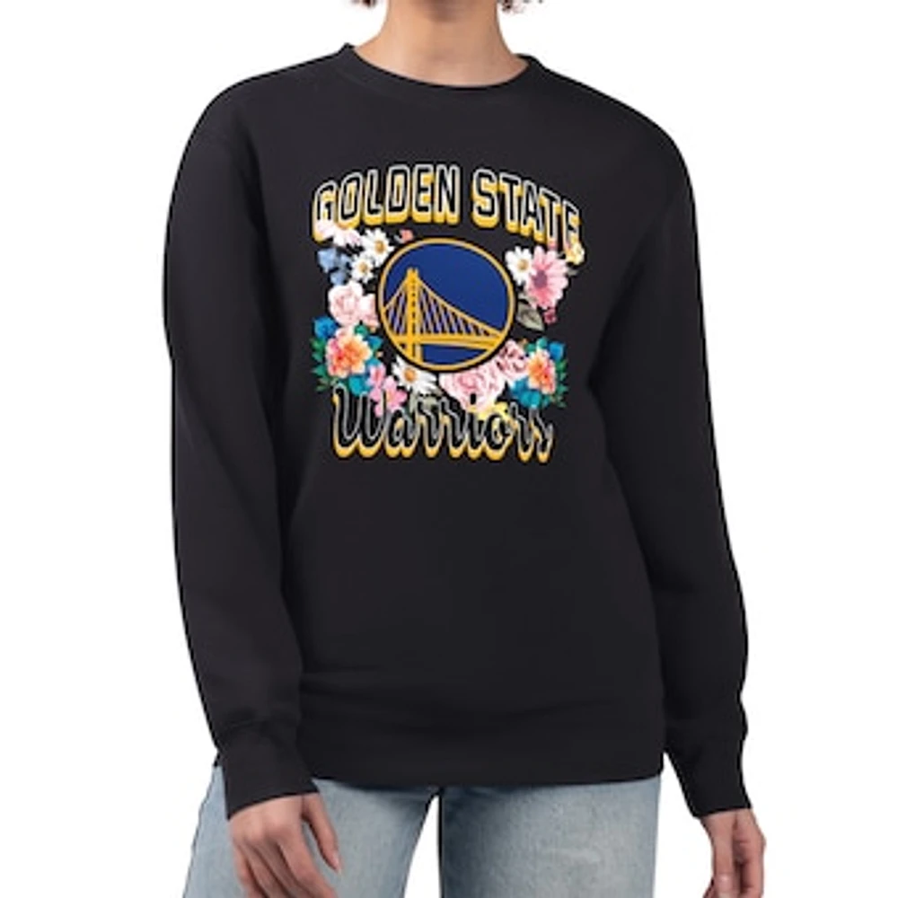 Women's G-III 4Her by Carl Banks Golden State Warriors Flowers Team Logo Graphic Fleece Crewneck Pullover Sweatshirt