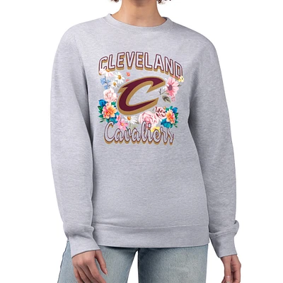 Women's G-III 4Her by Carl Banks Heather Gray Cleveland Cavaliers Flowers Team Logo Graphic Fleece Crewneck Pullover Sweatshirt