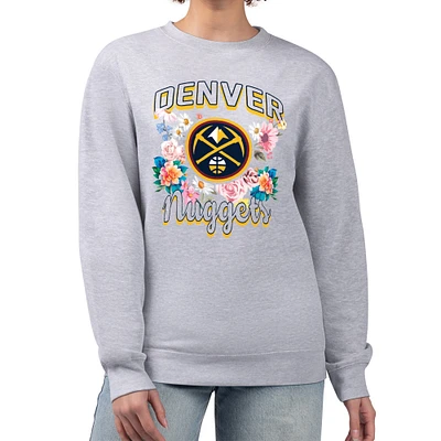 Women's G-III 4Her by Carl Banks Heather Gray Denver Nuggets Flowers Team Logo Graphic Fleece Crewneck Pullover Sweatshirt