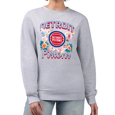 Women's G-III 4Her by Carl Banks Heather Gray Detroit Pistons Flowers Team Logo Graphic Fleece Crewneck Pullover Sweatshirt