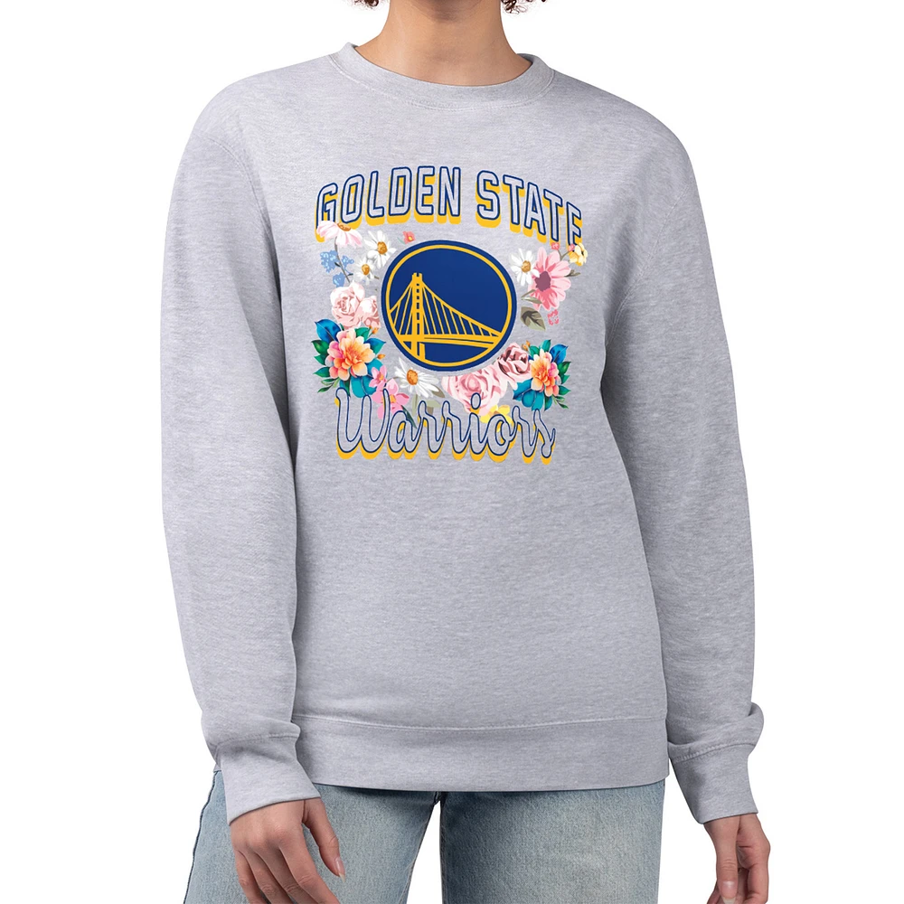 Women's G-III 4Her by Carl Banks Heather Gray Golden State Warriors Flowers Team Logo Graphic Fleece Crewneck Pullover Sweatshirt