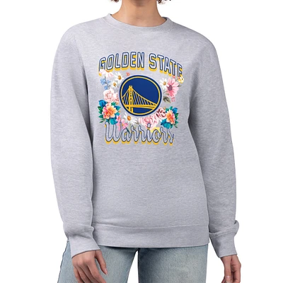 Women's G-III 4Her by Carl Banks Heather Gray Golden State Warriors Flowers Team Logo Graphic Fleece Crewneck Pullover Sweatshirt