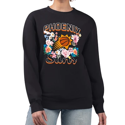 Women's G-III 4Her by Carl Banks Black Phoenix Suns Flowers Team Logo Graphic Fleece Crewneck Pullover Sweatshirt