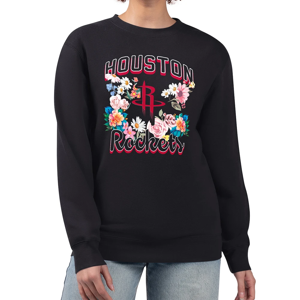 Women's G-III 4Her by Carl Banks Black Houston Rockets Flowers Team Logo Graphic Fleece Crewneck Pullover Sweatshirt
