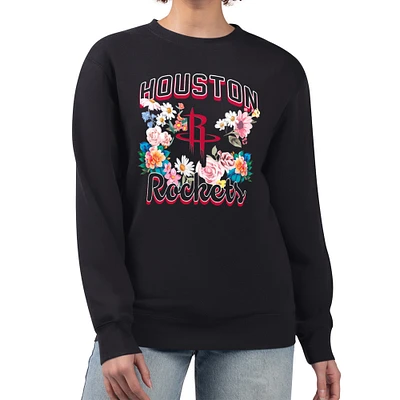 Women's G-III 4Her by Carl Banks Black Houston Rockets Flowers Team Logo Graphic Fleece Crewneck Pullover Sweatshirt