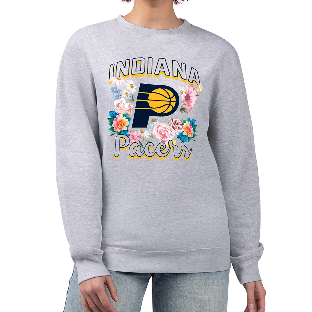 Women's G-III 4Her by Carl Banks Heather Gray Indiana Pacers Flowers Team Logo Graphic Fleece Crewneck Pullover Sweatshirt