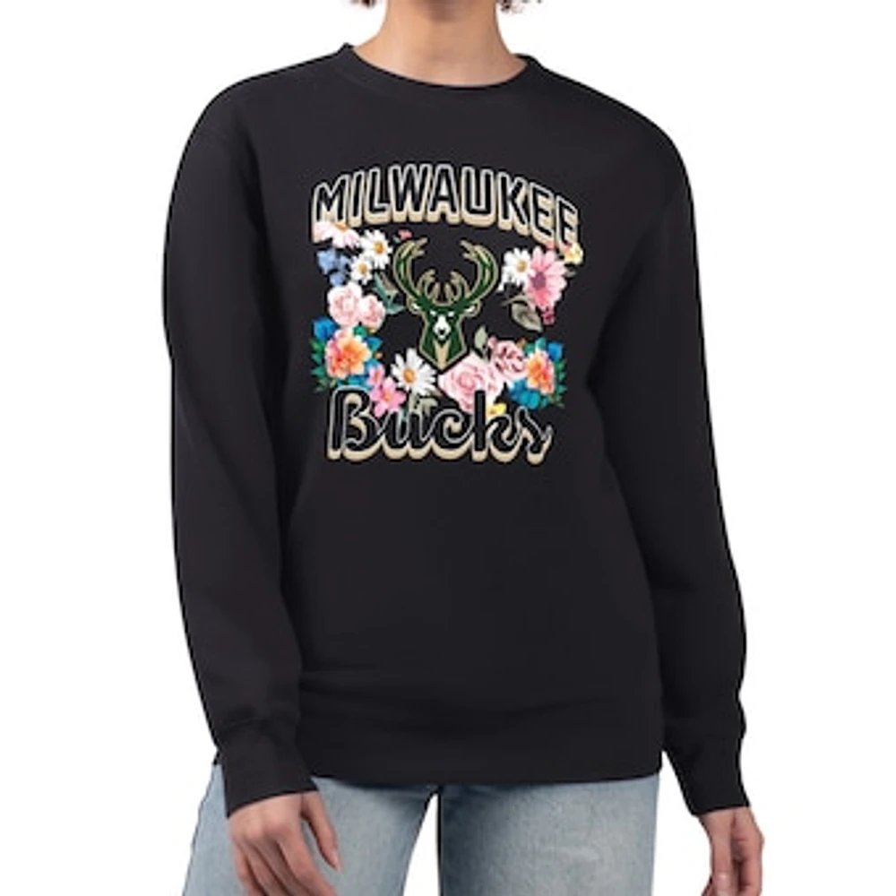 Women's G-III 4Her by Carl Banks Black Milwaukee Bucks Flowers Team Logo Graphic Fleece Crewneck Pullover Sweatshirt