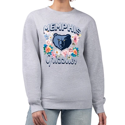 Women's G-III 4Her by Carl Banks Heather Gray Memphis Grizzlies Flowers Team Logo Graphic Fleece Crewneck Pullover Sweatshirt