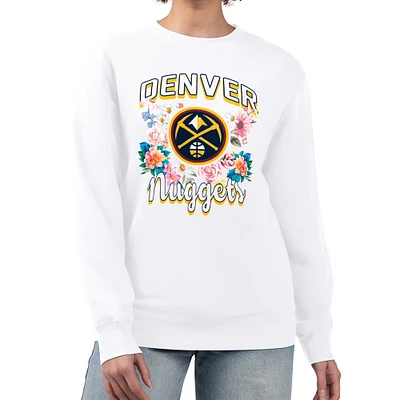 Women's G-III 4Her by Carl Banks White Denver Nuggets Flowers Team Logo Graphic Fleece Crewneck Pullover Sweatshirt