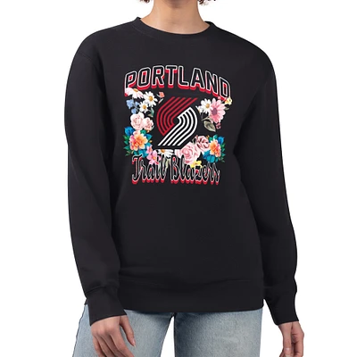 Women's G-III 4Her by Carl Banks Black Portland Trail Blazers Flowers Team Logo Graphic Fleece Crewneck Pullover Sweatshirt