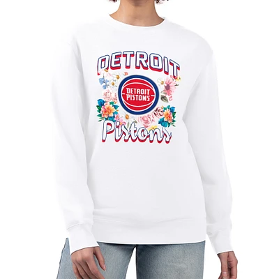 Women's G-III 4Her by Carl Banks White Detroit Pistons Flowers Team Logo Graphic Fleece Crewneck Pullover Sweatshirt
