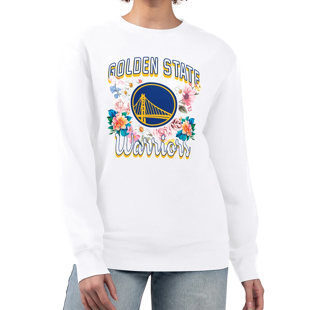 Women's G-III 4Her by Carl Banks White Golden State Warriors Flowers Team Logo Graphic Fleece Crewneck Pullover Sweatshirt