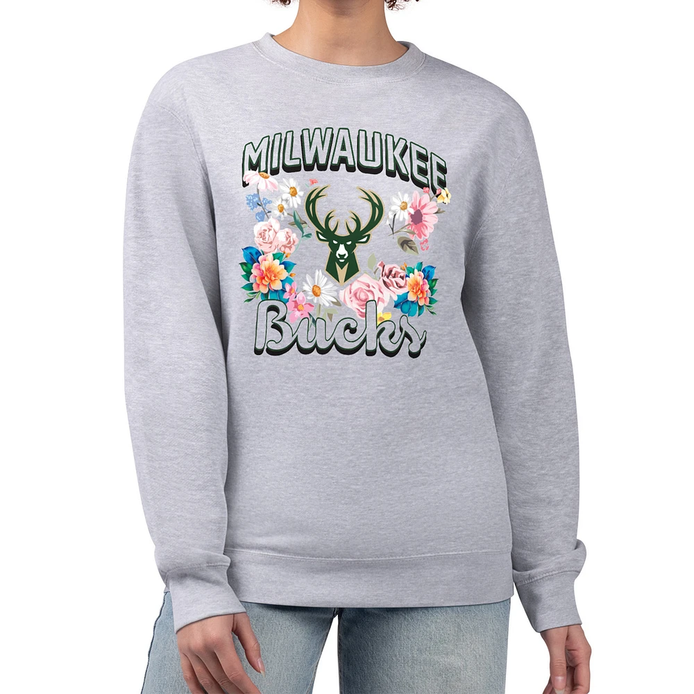 Women's G-III 4Her by Carl Banks Heather Gray Milwaukee Bucks Flowers Team Logo Graphic Fleece Crewneck Pullover Sweatshirt