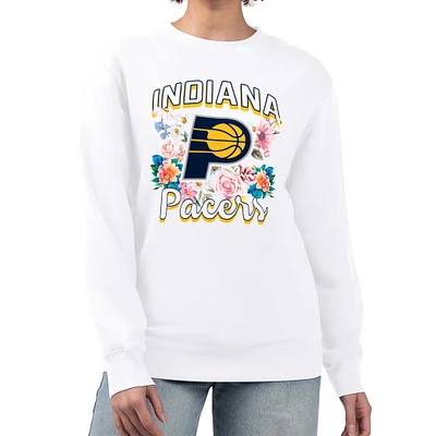 Women's G-III 4Her by Carl Banks White Indiana Pacers Flowers Team Logo Graphic Fleece Crewneck Pullover Sweatshirt